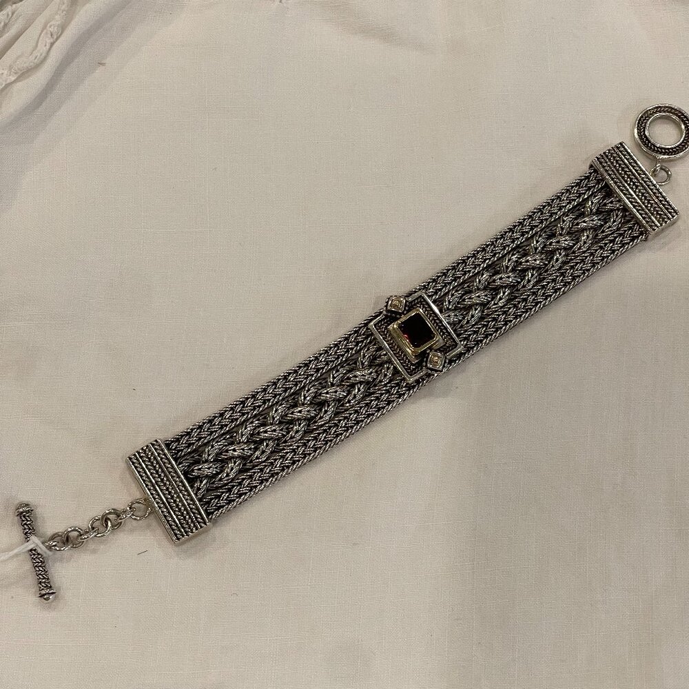 925 Thailand Silver Bracelet with 10K Gold inlaid and Garnet Stone